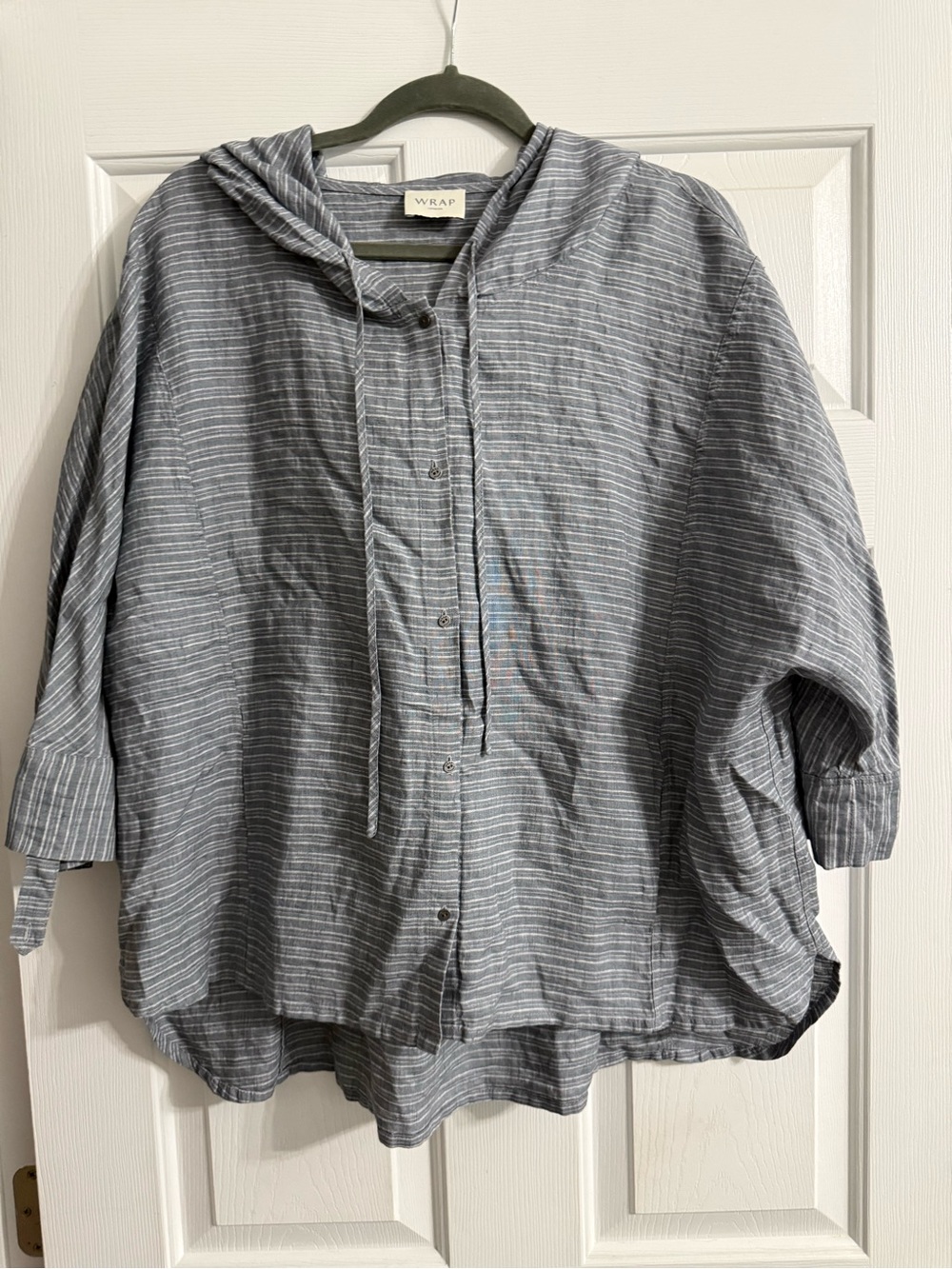 Wrap London Gray Striped Linen Button-Up Hoodie 100% linen 14